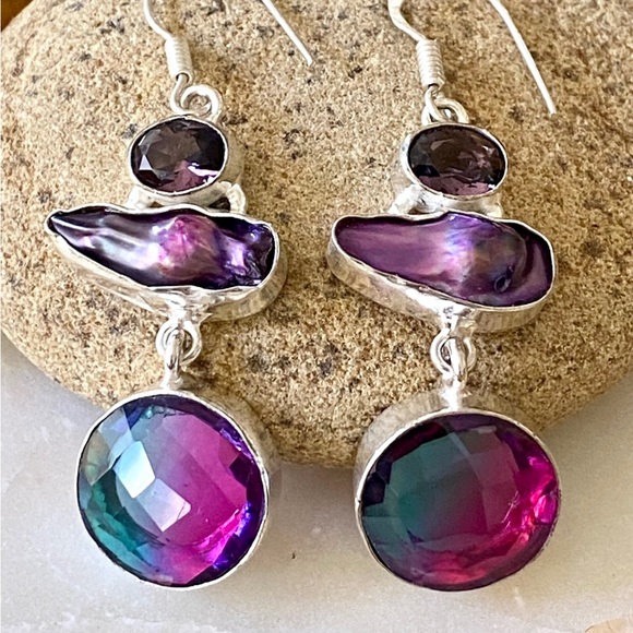 Bicolor Tourmaline, Biwa Pearl And Amethyst Earrings - Picture 6 of 9